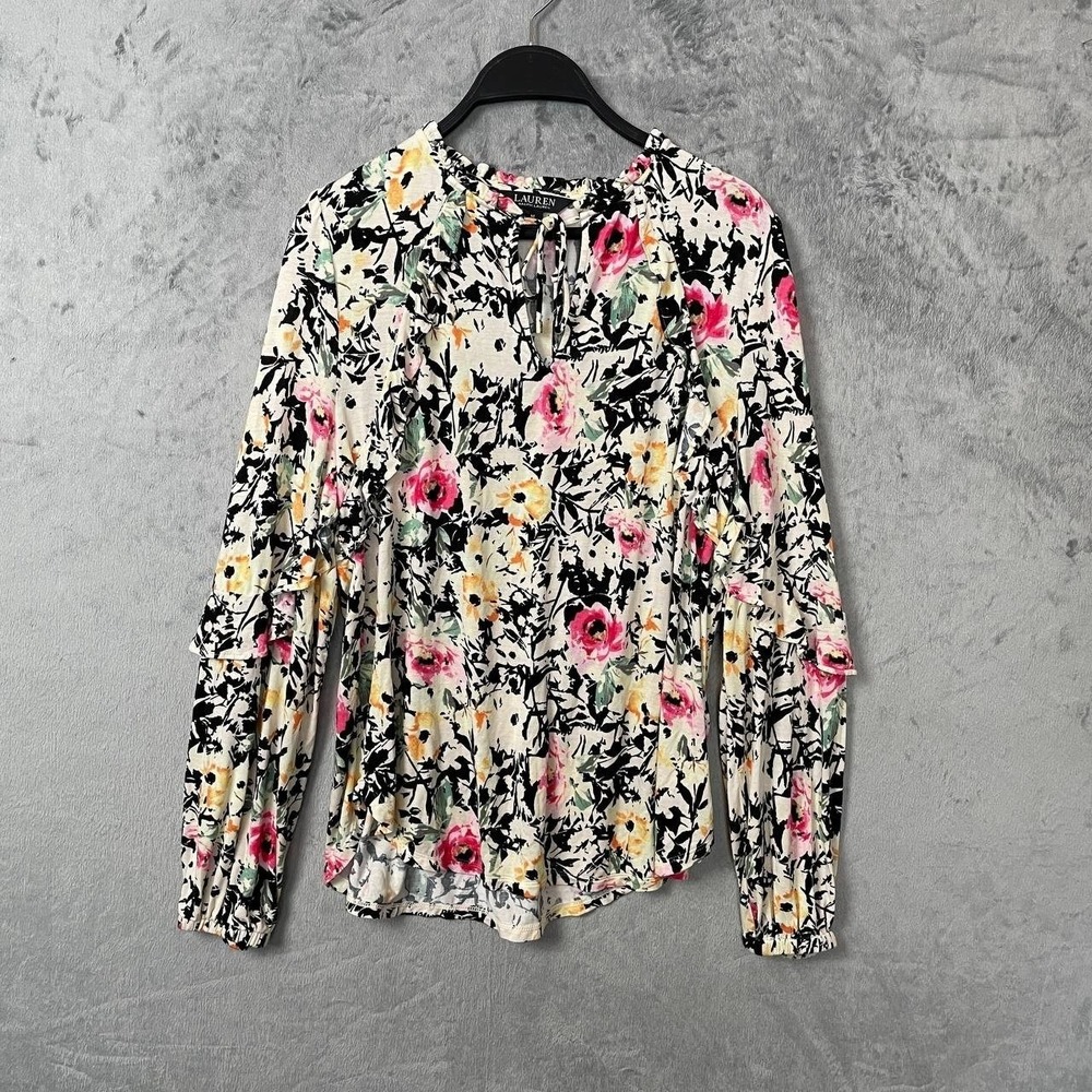 Floral Tie Neck Blouse Long Sleeve Ruffle Peasant Boho Medium Garden Party